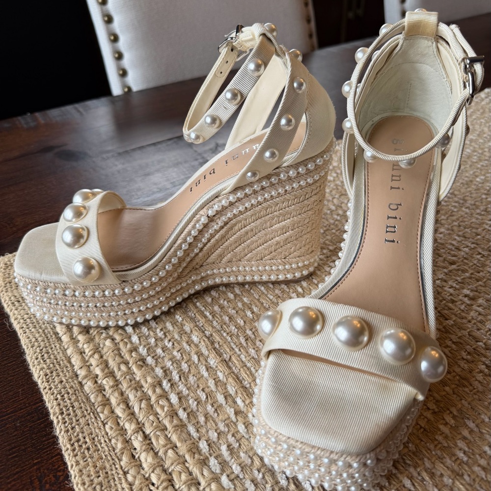 Gianni Bini Pearl-Embellished Ivory Wedge Sandals